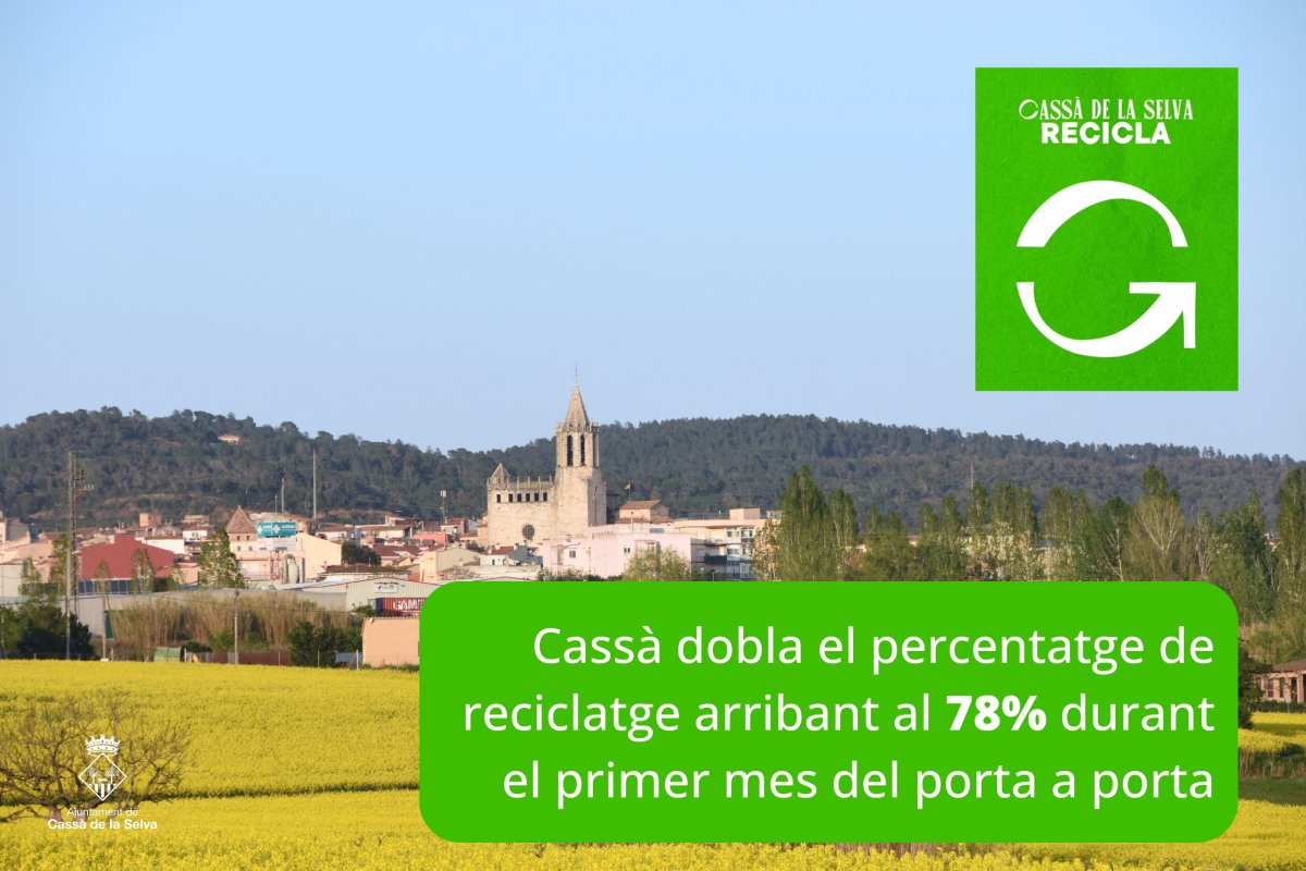 El percentatge de reciclatge pràcticament es dobla el primer mes de recollida de residus porta a porta a Cassà arribant al 78%